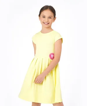 Primo Gino Cap Sleeves 2x2 Rib Fit & Flare Dress With 3D Sequins Flower Badge in Softer Cotton Elastane Fabric - Light Yellow