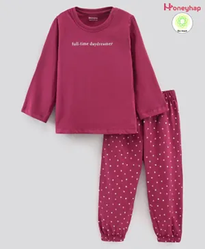 Honeyhap Full Sleeves Biowashed T-Shirt & Pajama Set Text Print - Maroon