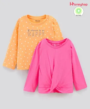 Honeyhap 100% Cotton Full Sleeves Solid & Dots Printed Top Pack Of 2 - Orange & Pink