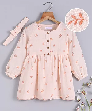 Babyoye Cotton Peasant Sleeves Frock With Headband Bow Applique - Light Peach