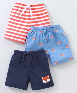 Babyhug Cotton Knit Mid Thigh Length Shorts Fox & Stripes Print- Blue & Orange