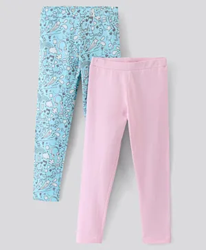 Pine Kids Cotton Ankle Length Biowashed  Stretchable All Over Printed & Solid Color Leggings Pack Of 2 - Blue Pink