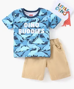 Babyhug Cotton Half Sleeve Printed T-Shirt and Bottom wear Dino Print - Blue Beige
