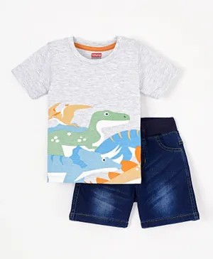 Babyhug 100% Cotton Knit Half Sleeves T-Shirt and Short Set Dino Print - Grey Melange & Blue