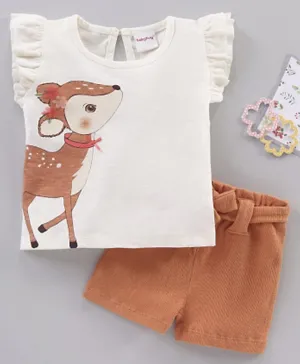 Babyhug Short Sleeves Top & Mid Thigh Shorts Deer Print - White Brown