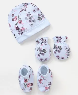 Bonfino Cotton Cap Mittens & Booties Set Floral Print Pink Blue - Diameter 13 cm