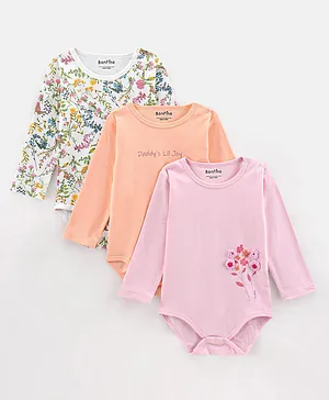 Bonfino Cotton Full Sleeves Onesies Floral Print Pack of 3 - Pink Ivory Orange
