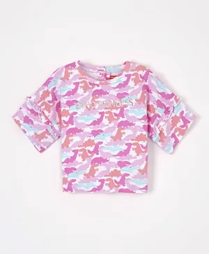 Babyhug Three Fourth Sleeves Drop Shoulder T-Shirt With Dinosaur Print and Frill Detailing - Pink
