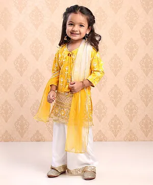 Babyhug Three Fourth Sleeves Embroidered Kurti Palazzo & Dupatta Set with Sequins - Yellow White