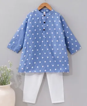 Babyhug Full Sleeves Kurta Pyjama Set Floral Embroidered  - Blue