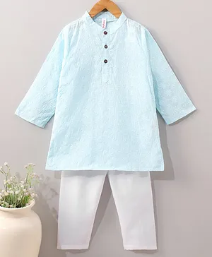 Babyhug Full Sleeves Cotton Kurta & Pyjama Set Embroidered - Light Blue