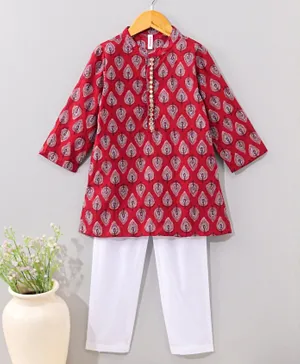 Babyhug Cotton Full Sleeves Kurta Pyjama Set Leaf Print - Red