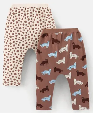 Bonfino Cotton Knit Ankle Length Cat Printed Diaper Legging Pack of 2 - Brown & Offwhite