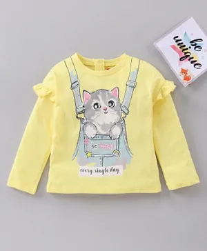 Babyhug Cotton Knit Full Sleeves Frill Detailing Top Cat Print - Yellow