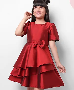 Hola Bonita Half Sleeves Satin Layered Party Dress With A Bow - Red