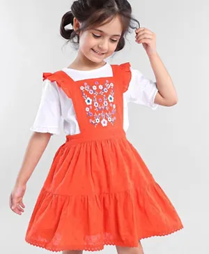 Babyhug 100% Cotton Sleeveless Frock With Half Sleeves Top Floral Embroidery - Orange