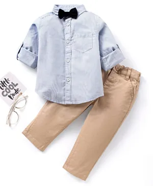 Babyhug Cotton Woven to Woven Full Sleeves Striped Shirt & Trouser With Bow - Light Blue Cream