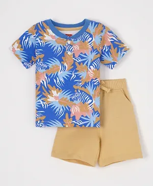 Babyhug Half Sleeves Cotton Tee & Shorts Set Printed- Multicolor Beige
