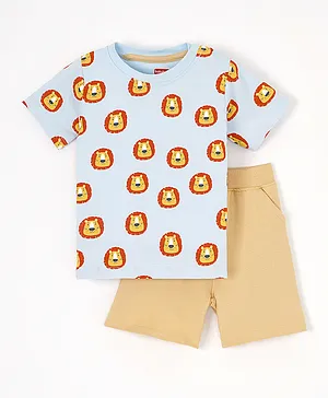 Babyhug Short Sleeves Tshirt & Botttomwear Lion Print - Beige and Blue