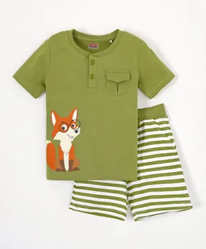 Babyhug Half Sleeves Cotton Tee & Striped Shorts Set Fox Print- Green