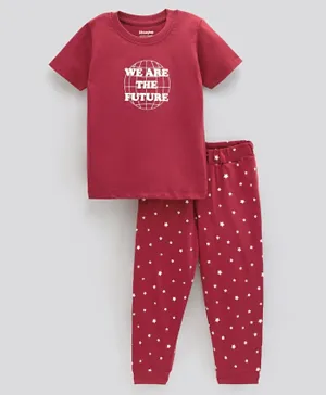 Honeyhap Premium 100% Cotton Half Sleeves Biowashed Nightwear Pyjama Sets Multiprint - Red