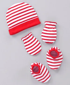 Babyhug 100% Cotton Cap Mittens & Booties Set Stripes - Red