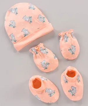 Babyhug 100% Cotton Cap Mittens & Booties Set Animal Print Peach - Diameter 11 cm