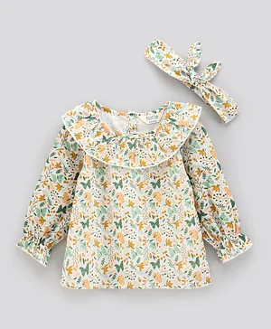 Bonfino Full Sleeves Top With Headband All Over Printed - White