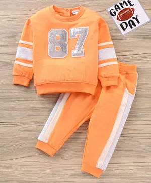 Babyhug Cotton Full Sleeves Top & Lounge Pant Set Sequin Embroidery - Orange