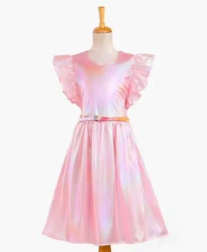 Hola Bonita Ruffle Sleeve Solid Party Dress With Sheen - Pink
