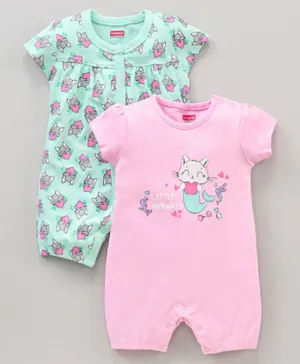 Babyhug 100% Cotton Half Sleeves Romper Kitty Print Pack of 2 - Light Blue Pink