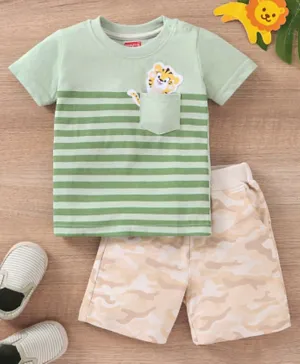 Babyhug 100% Cotton Half Sleeves Striped T-Shirt and Knee Length Short Tiger Patch - Green Beige