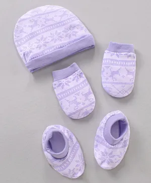 Babyhug 100% Cotton Cap Mitten & Booties Printed Purple- Diameter 10 cm