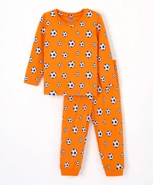 Babyhug 100% Cotton Knit Full Sleeves Football Printed Night Suit - Orange