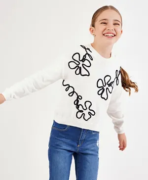 Primo Gino 100% Cotton Full Sleeves Sweater with All Over Plush Embroidery - White