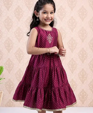 Babyhug Sleeveless Printed Ethnic Dress With Embroidery- Wine
