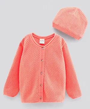 Bonfino Cotton Full Sleeves Lightweight Structured Knit Sweater With Cap - Orange