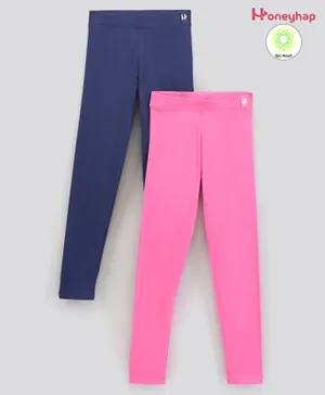 Honeyhap Full Length 95% Cotton 5% Elastane Biowashed Solid Color Leggings Pack of 2 - Navy Blue Pink