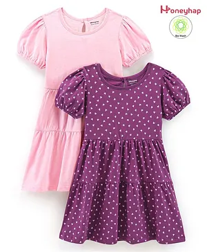 Honyehap 100% Cotton Half Sleeves Biowashed Frocks Solid & Heart Print Pack Of 2 - Purple Pink