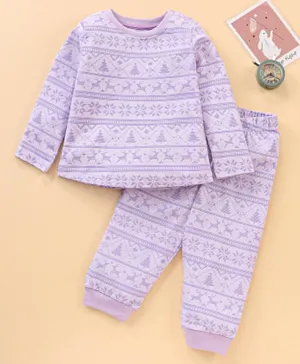 Babyhug Cotton Knit Full Sleeves Night Suit Christmas Theme Print - Orchid