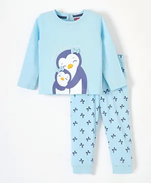 Babyhug Cotton Full Sleeves Night Suit with Bow Applique Penguin Print - Blue