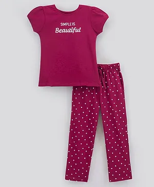Honeyhap Premium 100% Cotton Half Sleeves Bio-Washed Night Suit Text Print - Maroon