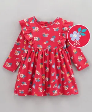 Babyhug 100% Cotton Full Sleeves Frock Floral Print - Red