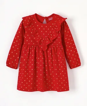 Babyhug 100% Cotton Full Sleeves Frock With Frill Detailing Floral Print- Red