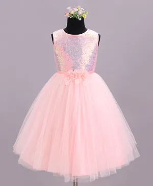Babyhug Sleeveless Sequinned Party Wear Dress - Peach