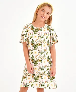 Primo Gino Tiered Sleeves All Over Flora Printed Frock Dress  - Green