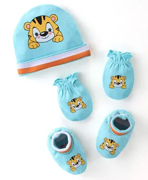 Babyhug 100% Cotton Cap Mittens & Booties Set Tiger Print - Blue