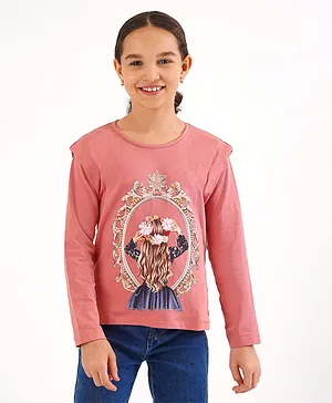 Primo Gino Cotton Elastane Full Sleeves Digital Print T-Shirt With 3D Flowers- Peach