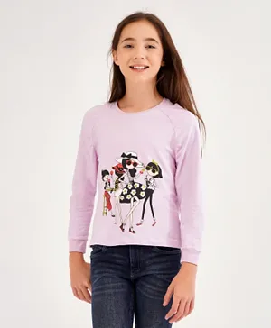 Primo Gino Raglan Sleeves T-Shirt With Gathered Sleeves In Softer Cotton Elastane Fabric Girls Story Graphic Print - Lilac