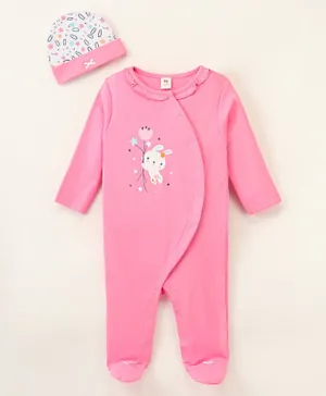 ToffyHouse Cotton Knit Full Sleeves Footed Romper with Hat Bunny Print - Pink